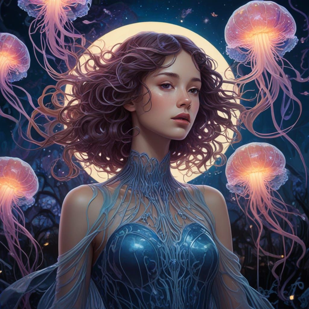 Water Nymph in Jellyfish Field, Art Nouveau Style