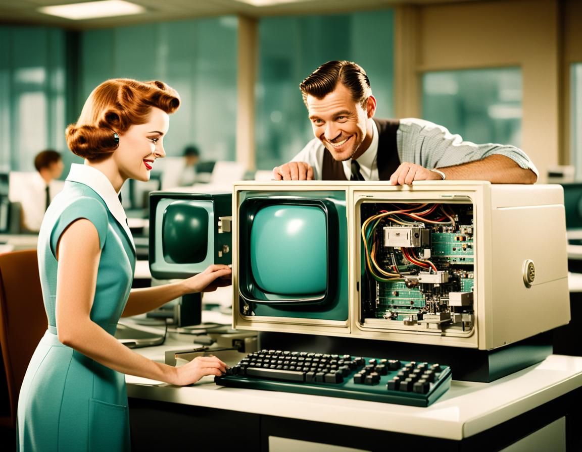 1950s Repairman Fixing Computer in Retro-Futuristic Style