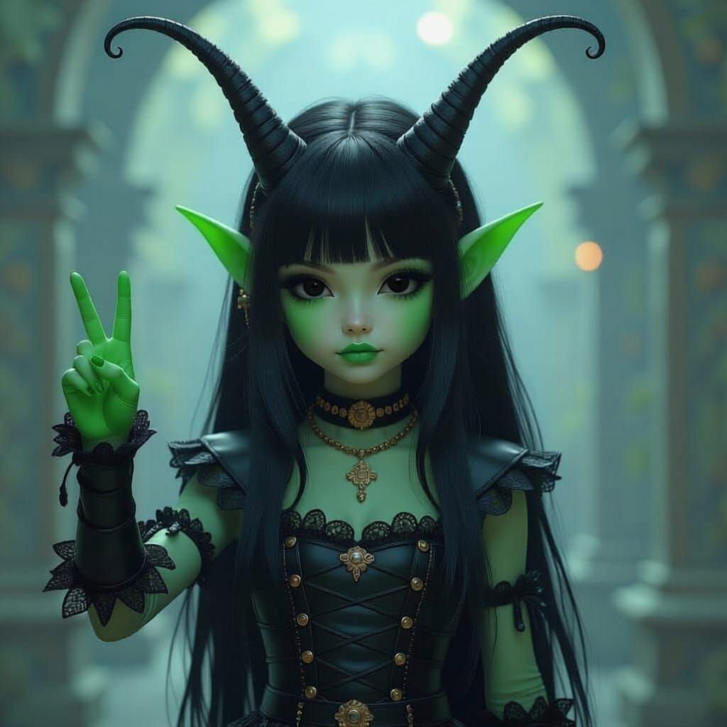 Green Goth Alien Girl with Antennae Makes Peace Sign