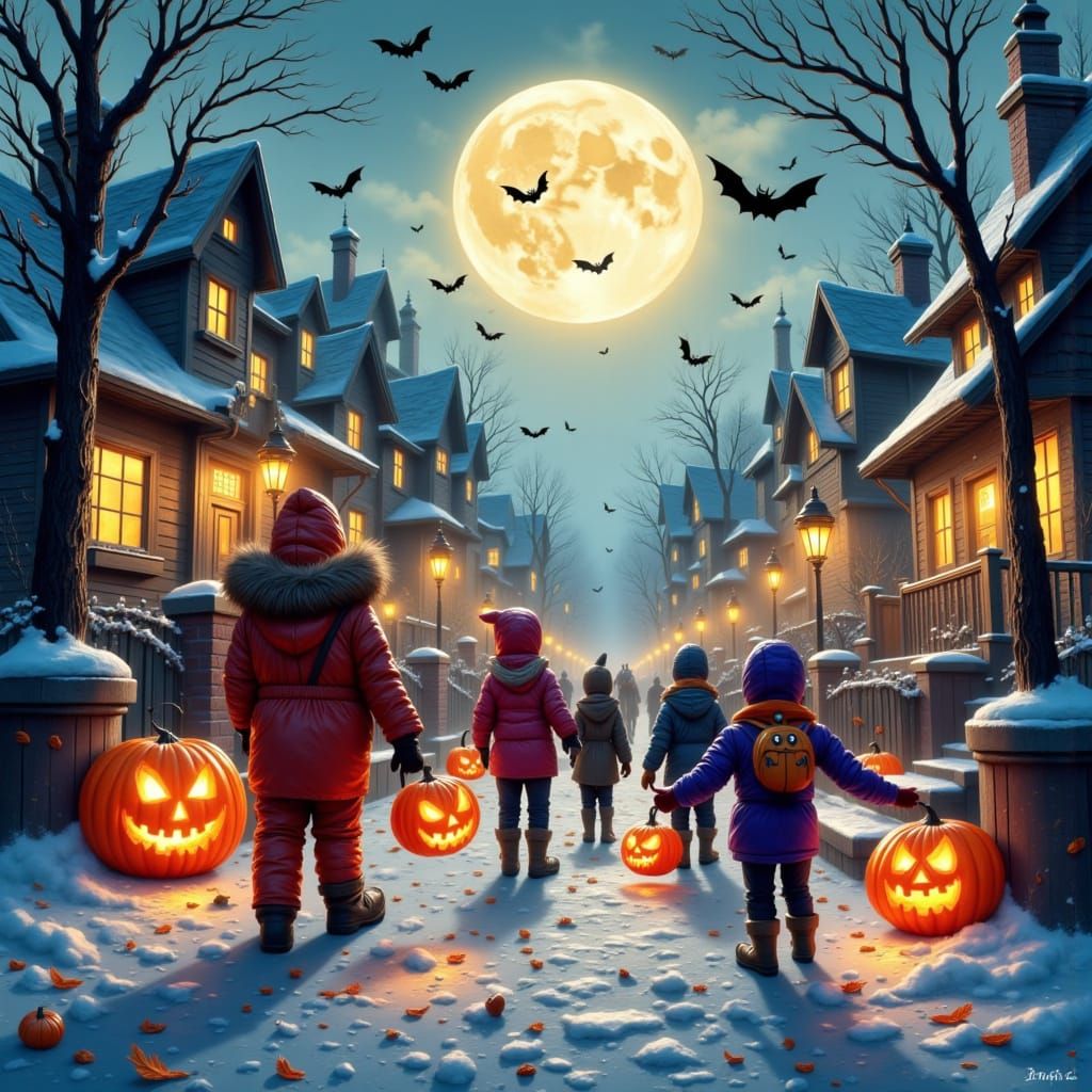 Children Trick-or-Treating in Snowstorm, Digital Art
