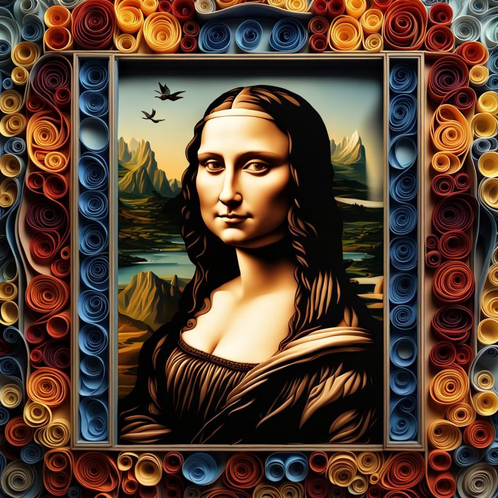Mona Lisa paper quilling piece with a contrasting backgroud