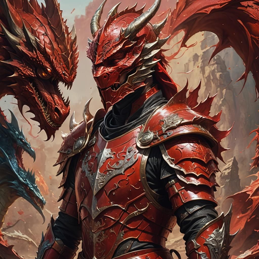 Red Armored Dragon Rider in Hyperrealistic Style