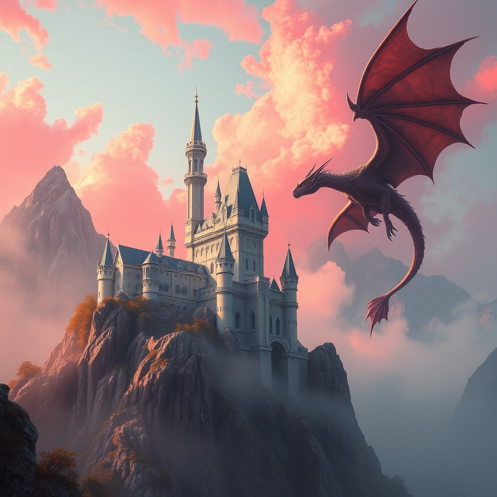 Fantasy Castle with Dragon in Pink Sky