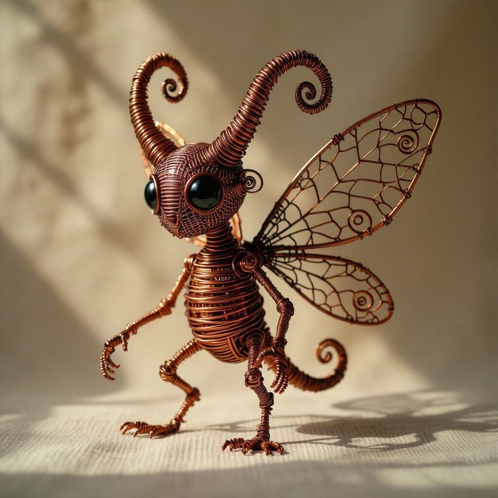 Copper Wire Creature with Spiraled Horns and Mesh Wings