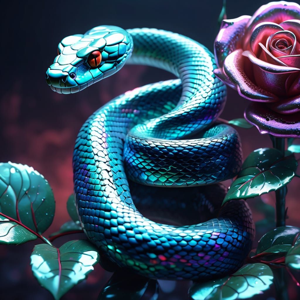 Pearlescent Snake Coils Around Iridescent Rose in Vivid Fant...