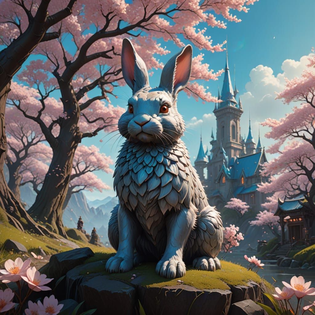 Ethereal Glass Bunny in Whimsical Cherry Blossom Fantasy