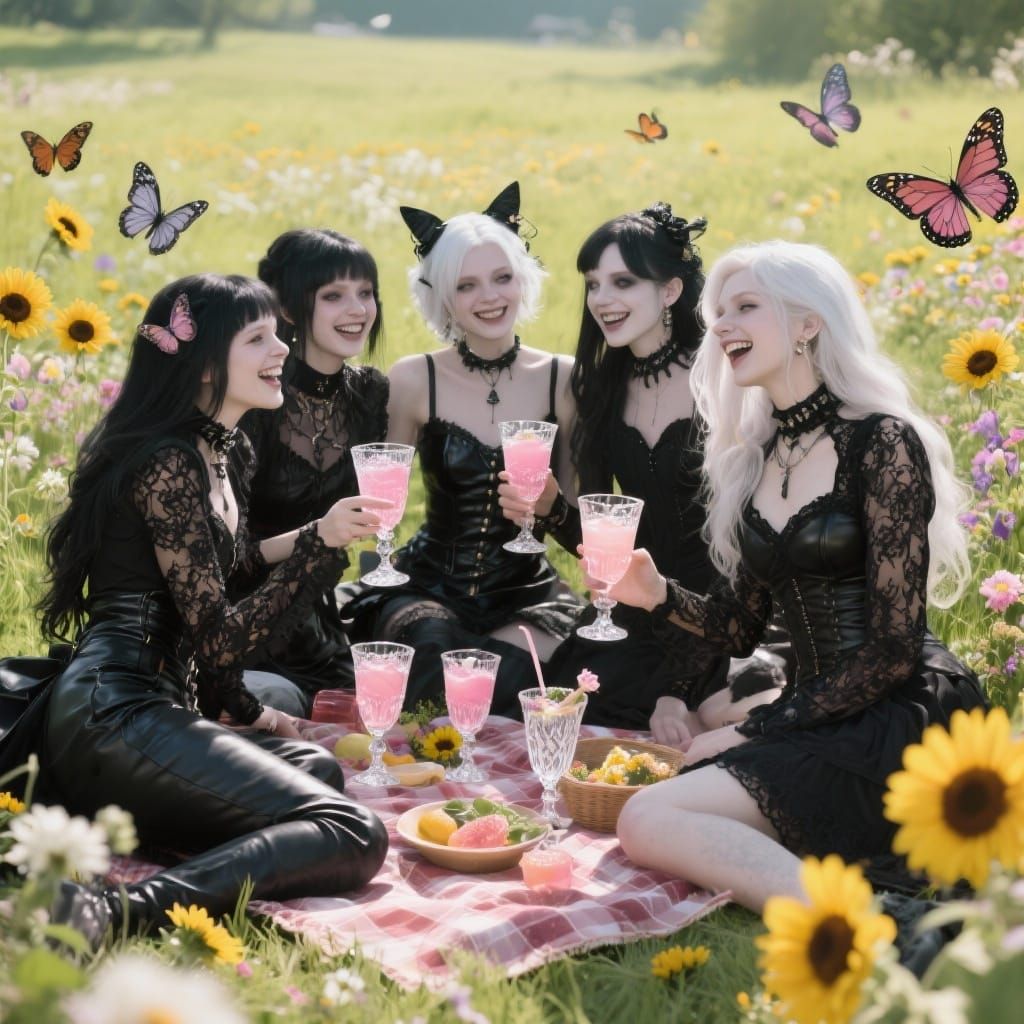 Goths Enjoy Cheerful Picnic in Sunflower Meadow