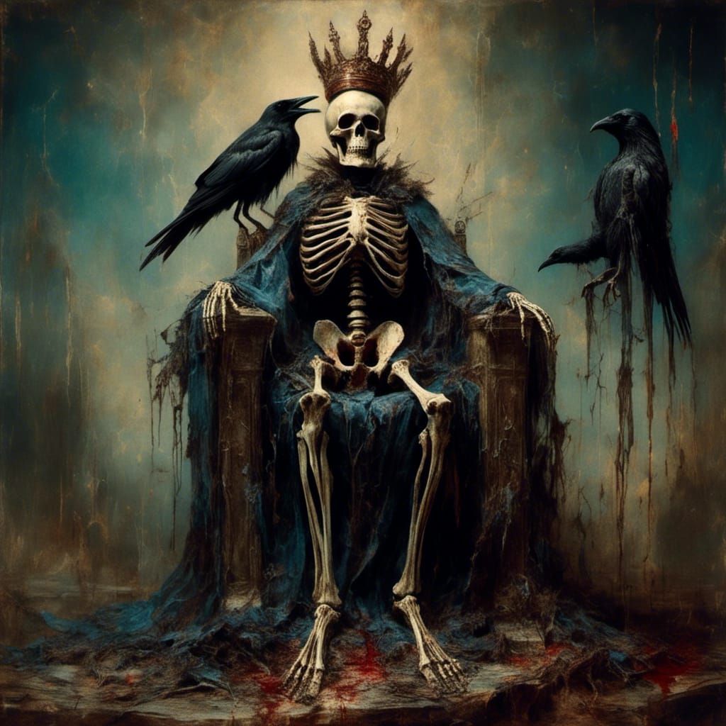 Skeleton with Bloody Crown and Crow on Fire