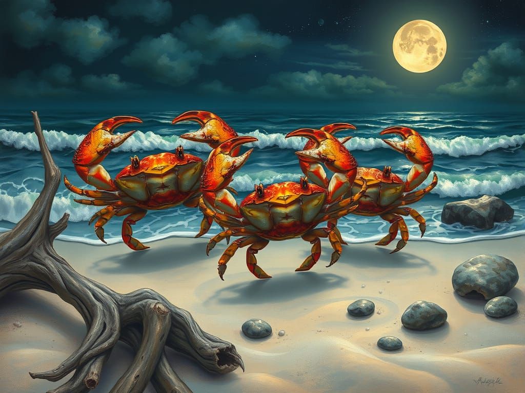 Crabs Dancing Under the Moon in Dreamlike Style