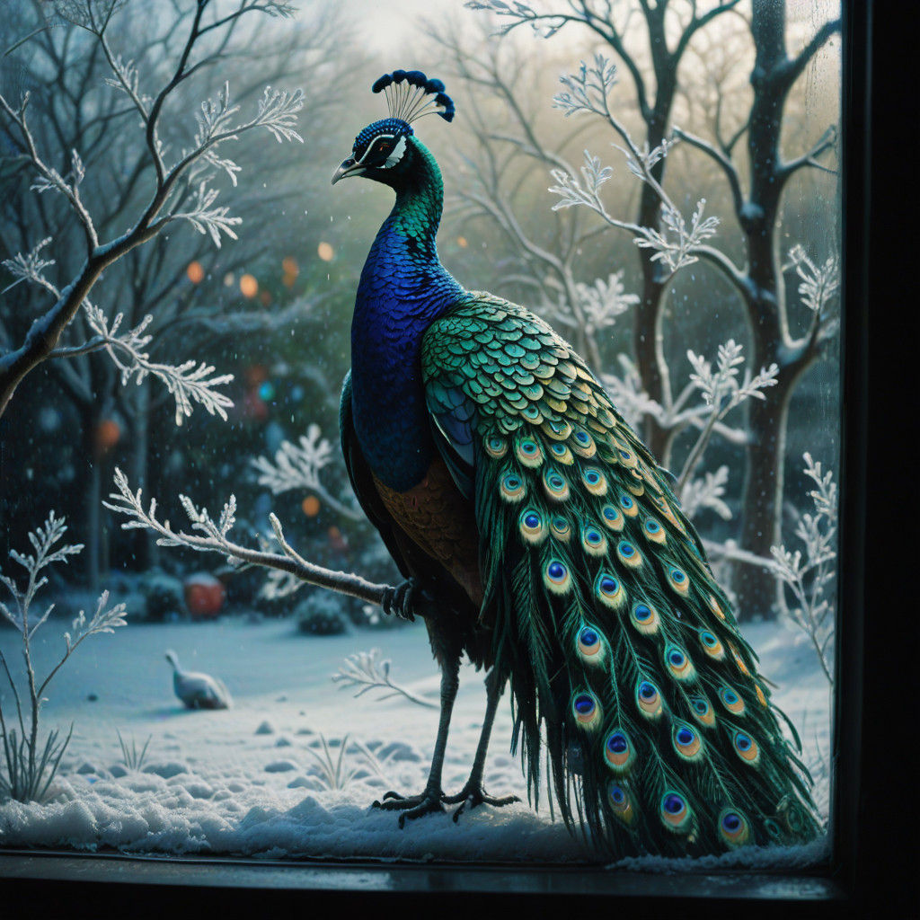 Children Coloring a Majestic Peacock on Frosty Windowpane in...