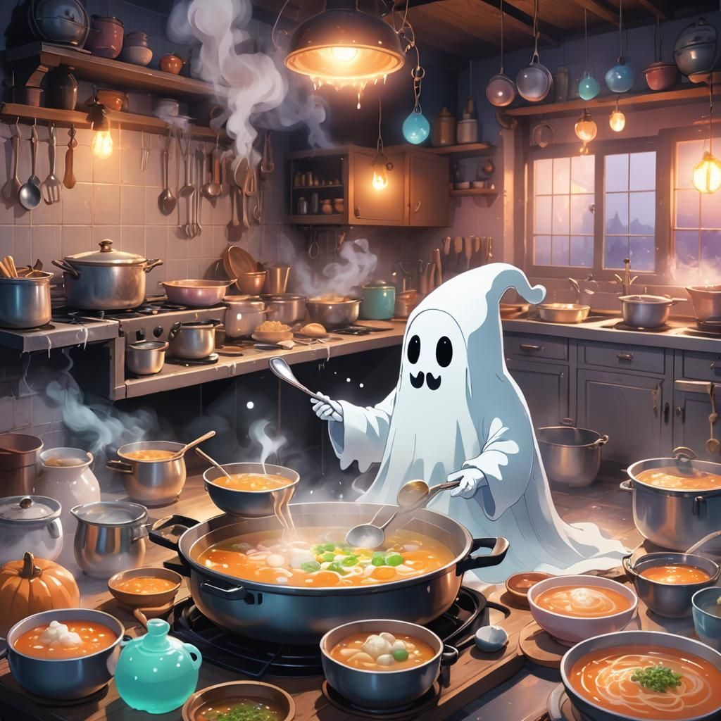 Cute Ghost Cooking Soup in Anime Style