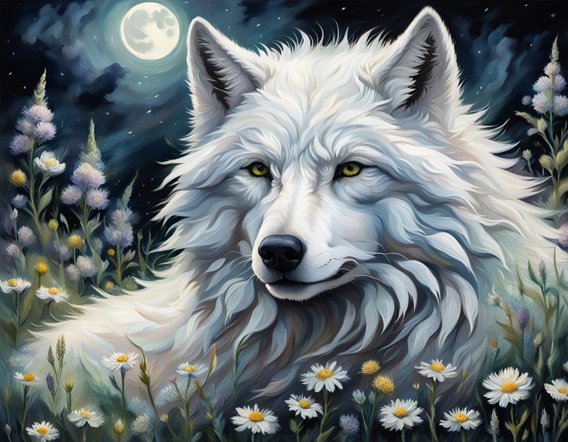 White Wolf in Wildflower Field, Impressionistic Digital Art