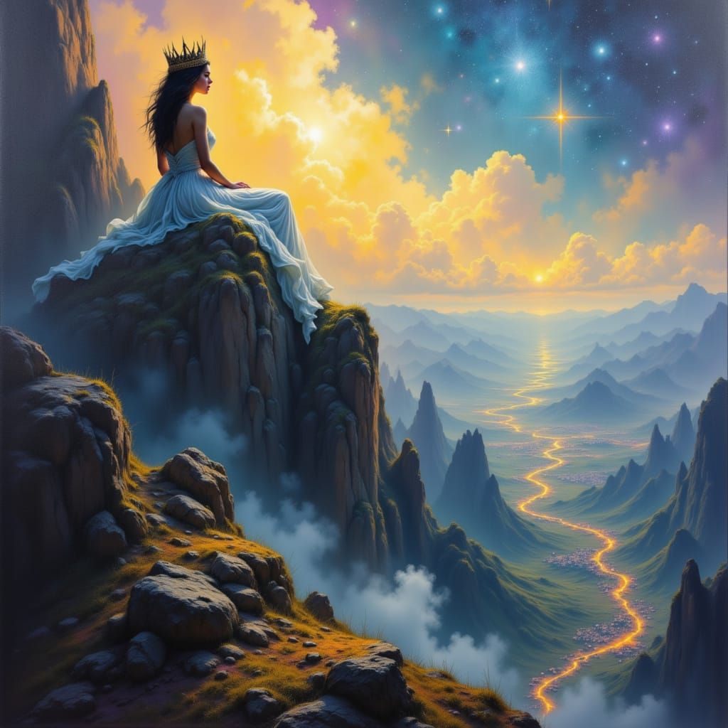 Colossal Queen on Mountain Throne Overlooking Miniature King...