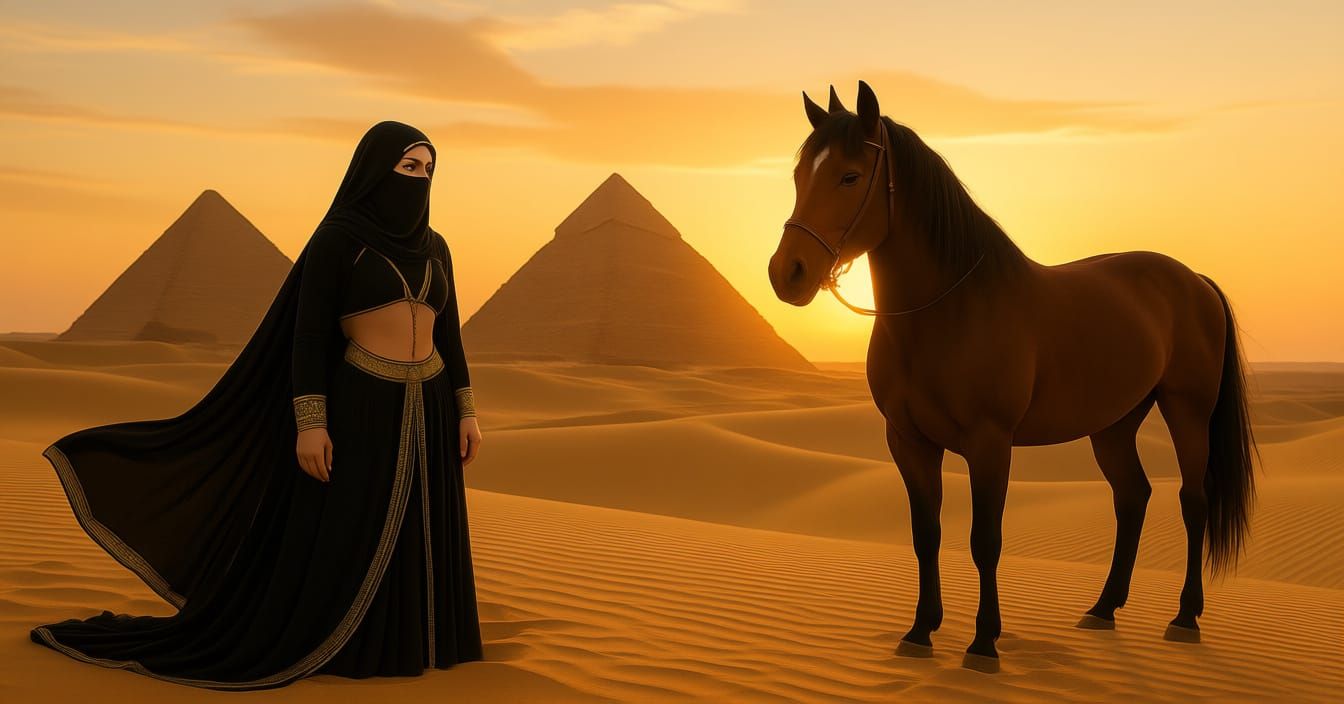 Muslim Belly Dancer with Horse in Desert Pyramids