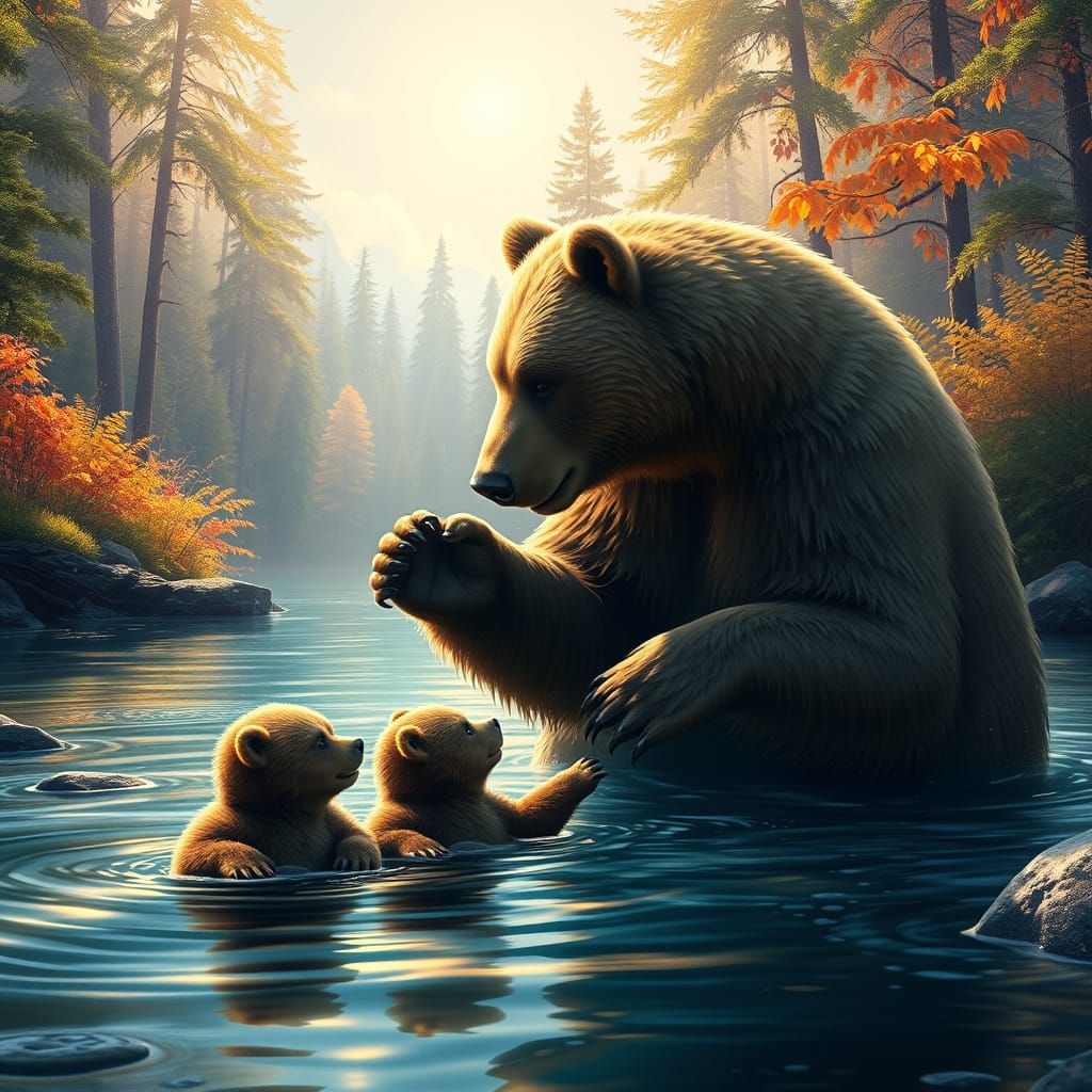 Mother Bear Teaches Cubs to Fish in a Serene River Scene