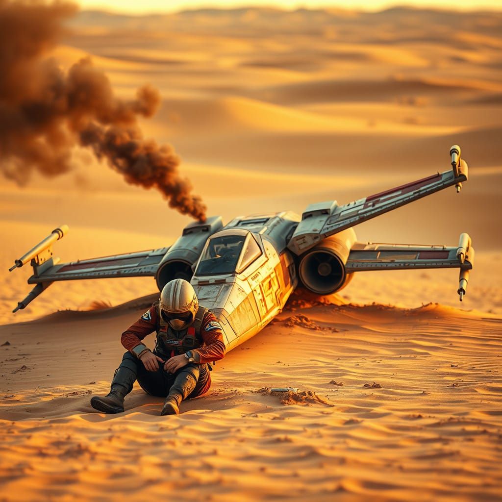 Abandoned X-wing Starfighter in Desert Sunset