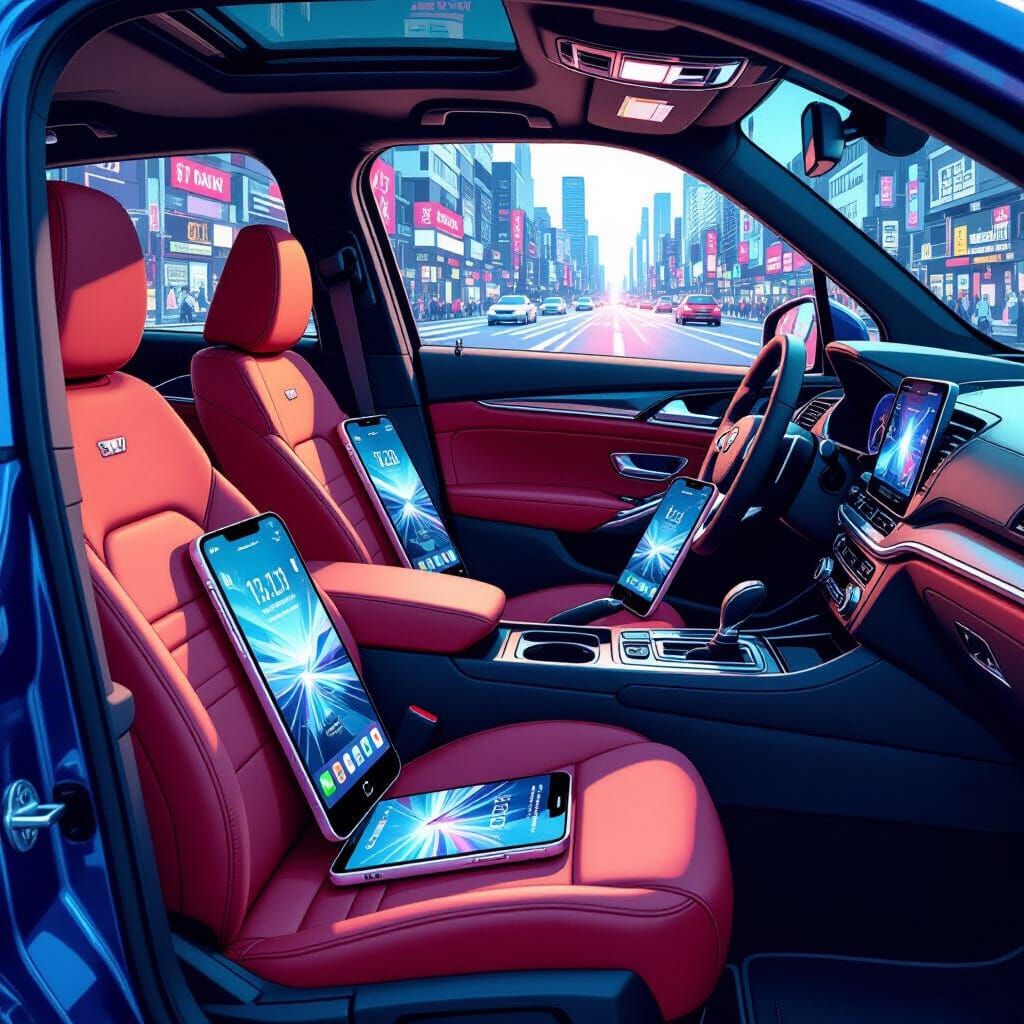 Surreal Car Interior With Human-Sized Smartphones