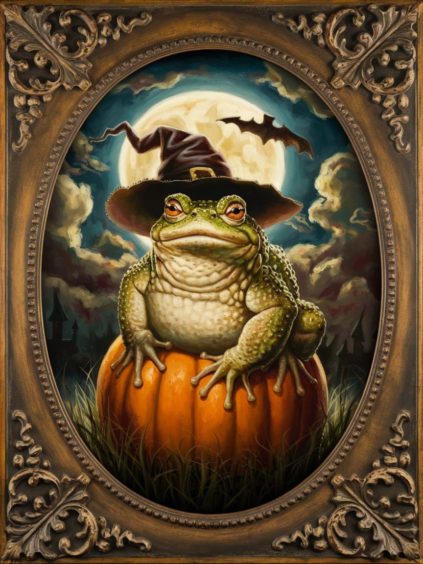 Toad in Witch Hat, Classical Oil Painting