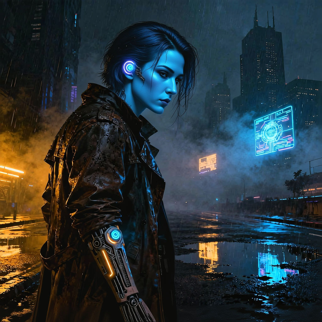 Cyberpunk Noir Cityscape with Neon Reflections