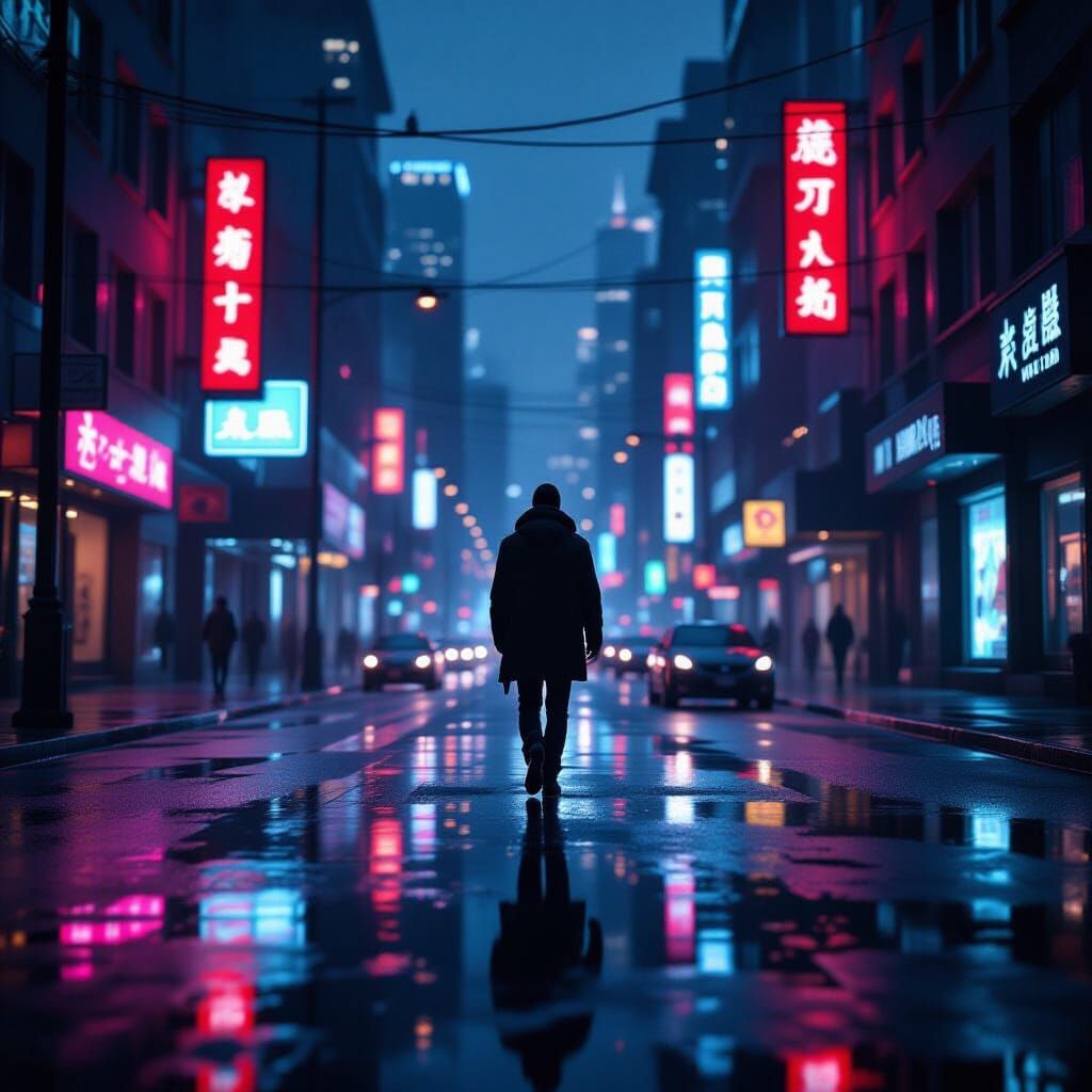 Solitary Figure on Rainy City Street at Dusk