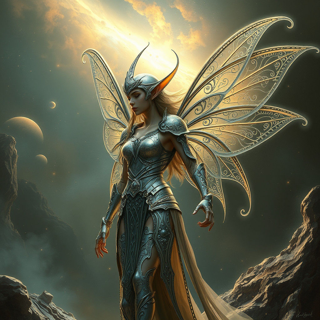 Futuristic Fairy Elf Warrior with Metallic Wings
