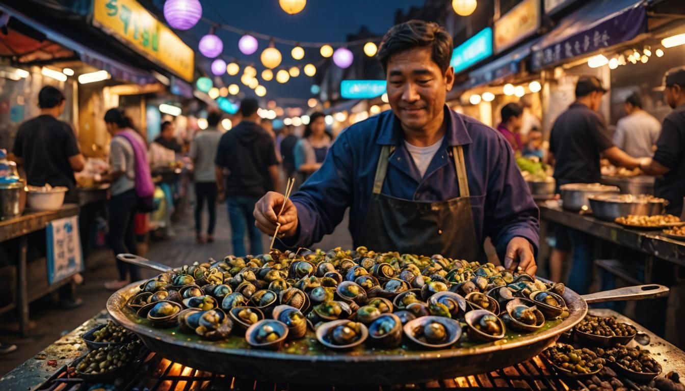 Street Food Vendor Serving Snails, Oil Painting Style