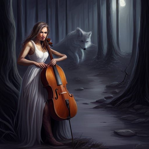 Sinister Anthro Wolf Girl Playing Cello
