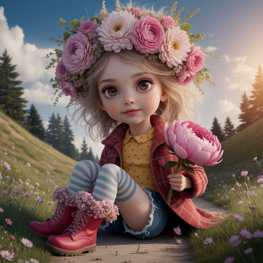 Fantasy Girl with Flower Crown and Pink Blossom