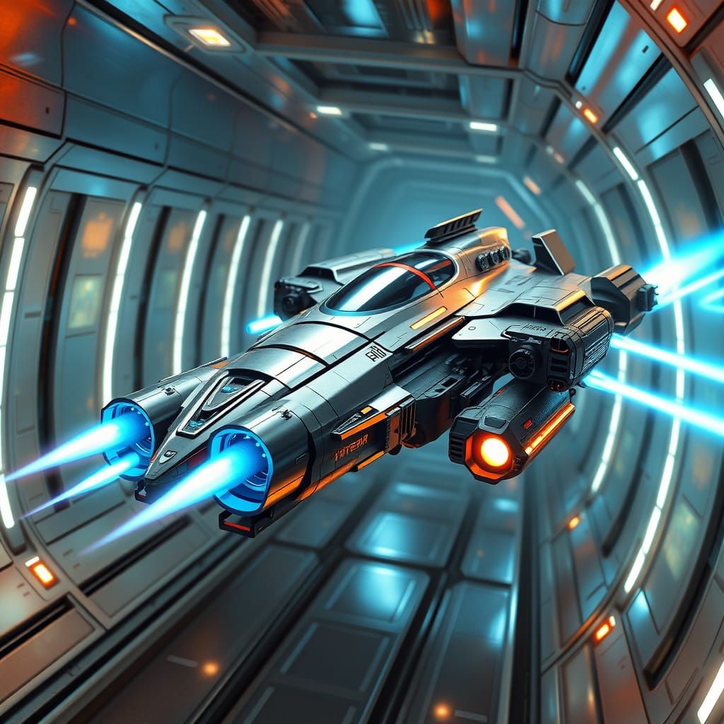 Sleek Silver Spaceship Navigates Futuristic Cube Tunnel