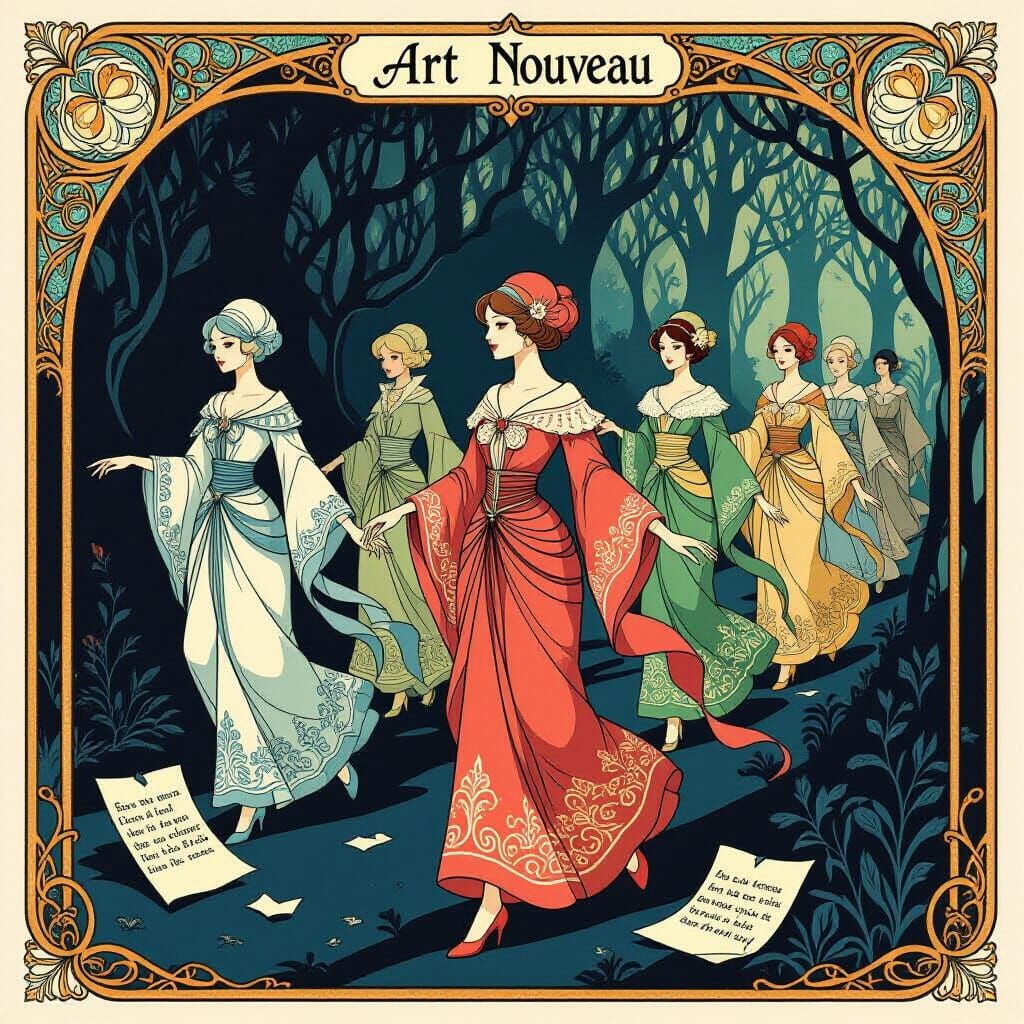 Art Nouveau Paper People in Cel-Shaded Anime Style