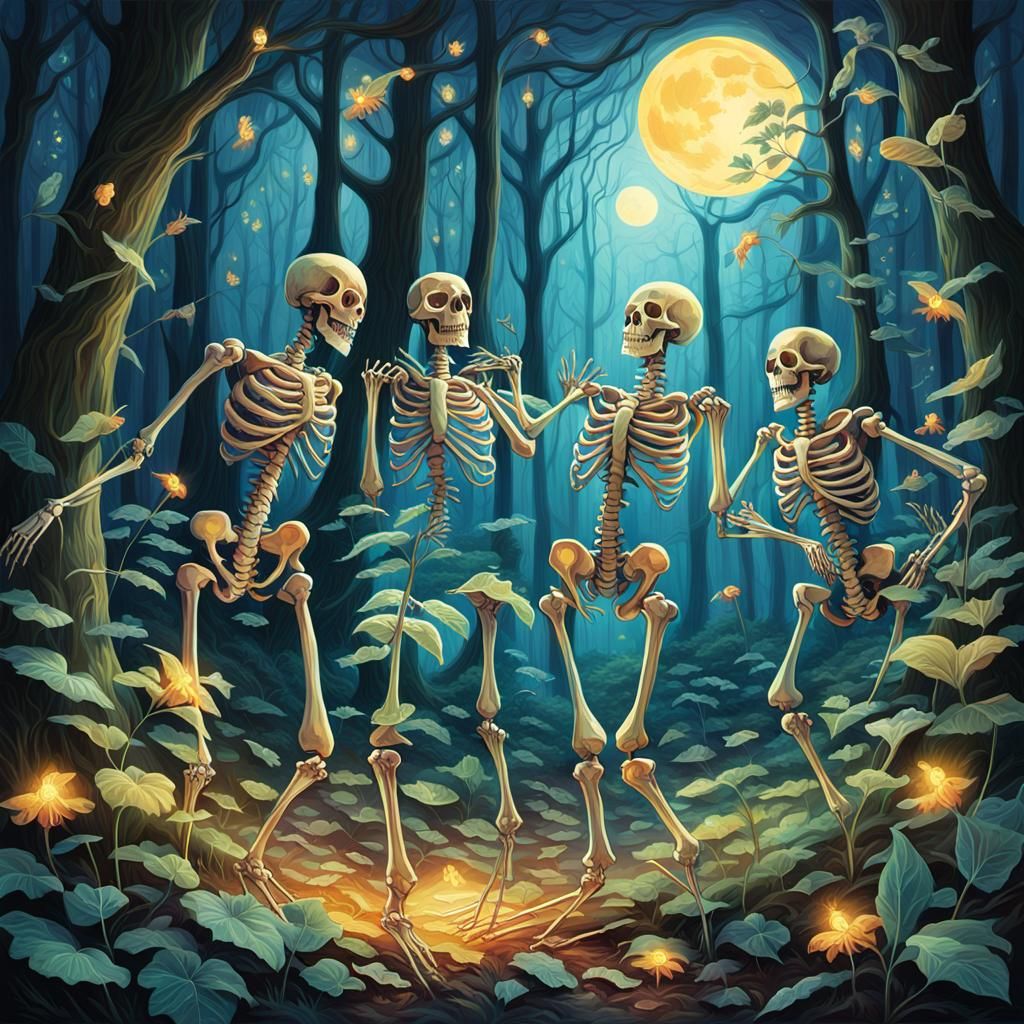 Skeleton Nymphs Dancing in Moonlight Oil Painting