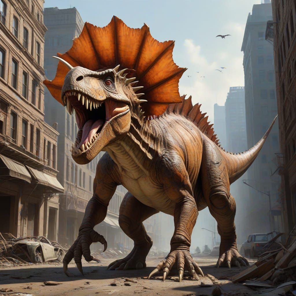 Dinosaur-Insect Hybrid Monster in Ruined City