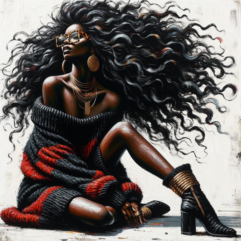 Expressionist Painting of Elegant Black Woman with Gold Jewe...