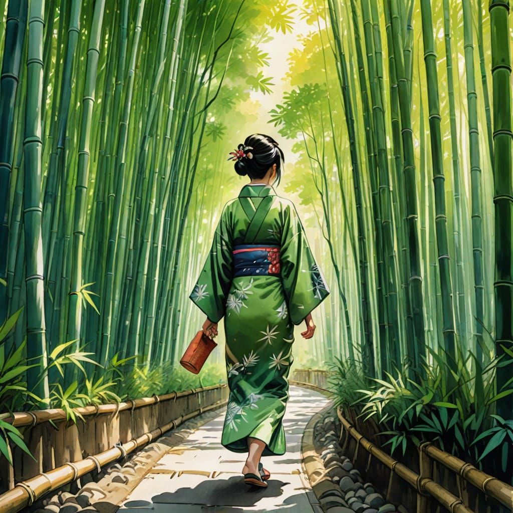 Woman in Kimono in Bamboo Forest - Japanese Ink Painting Sty...