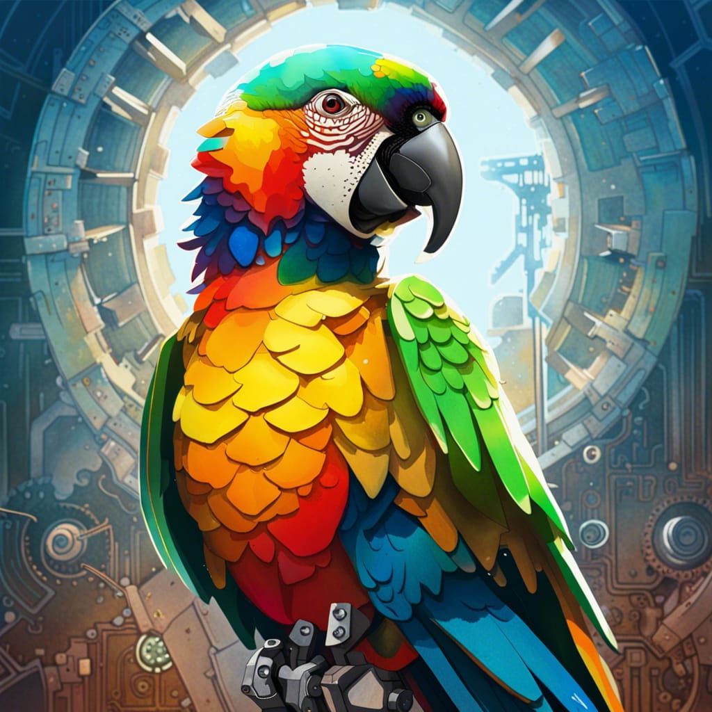 Mechanical Parrot Watercolor: Detailed Robotic Art