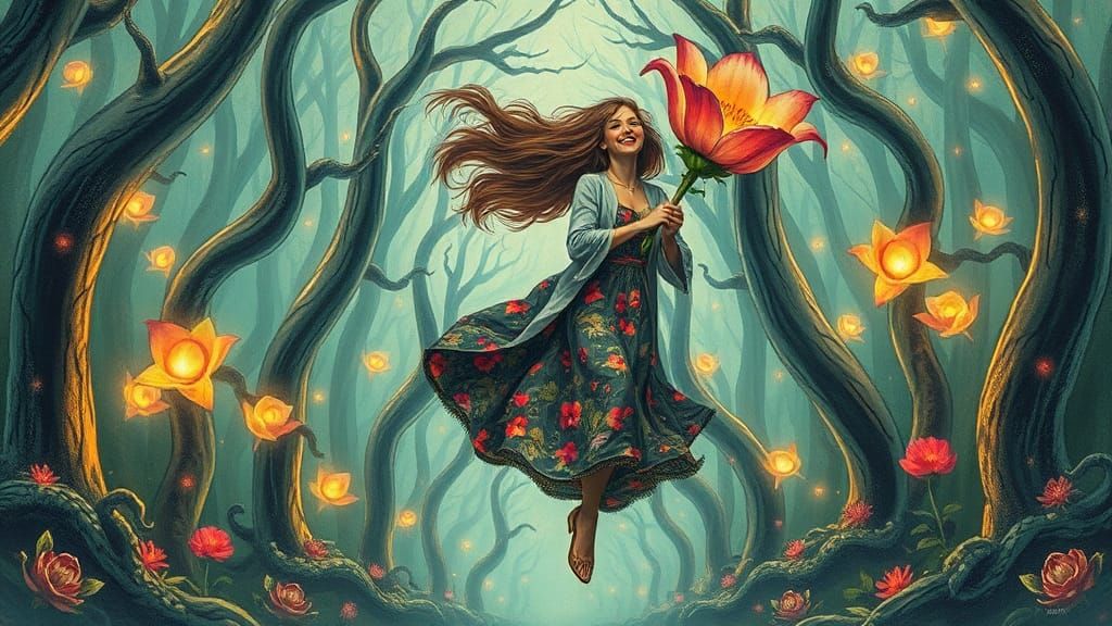 Woman Laughing in Glass Forest: Surreal Dreamscape