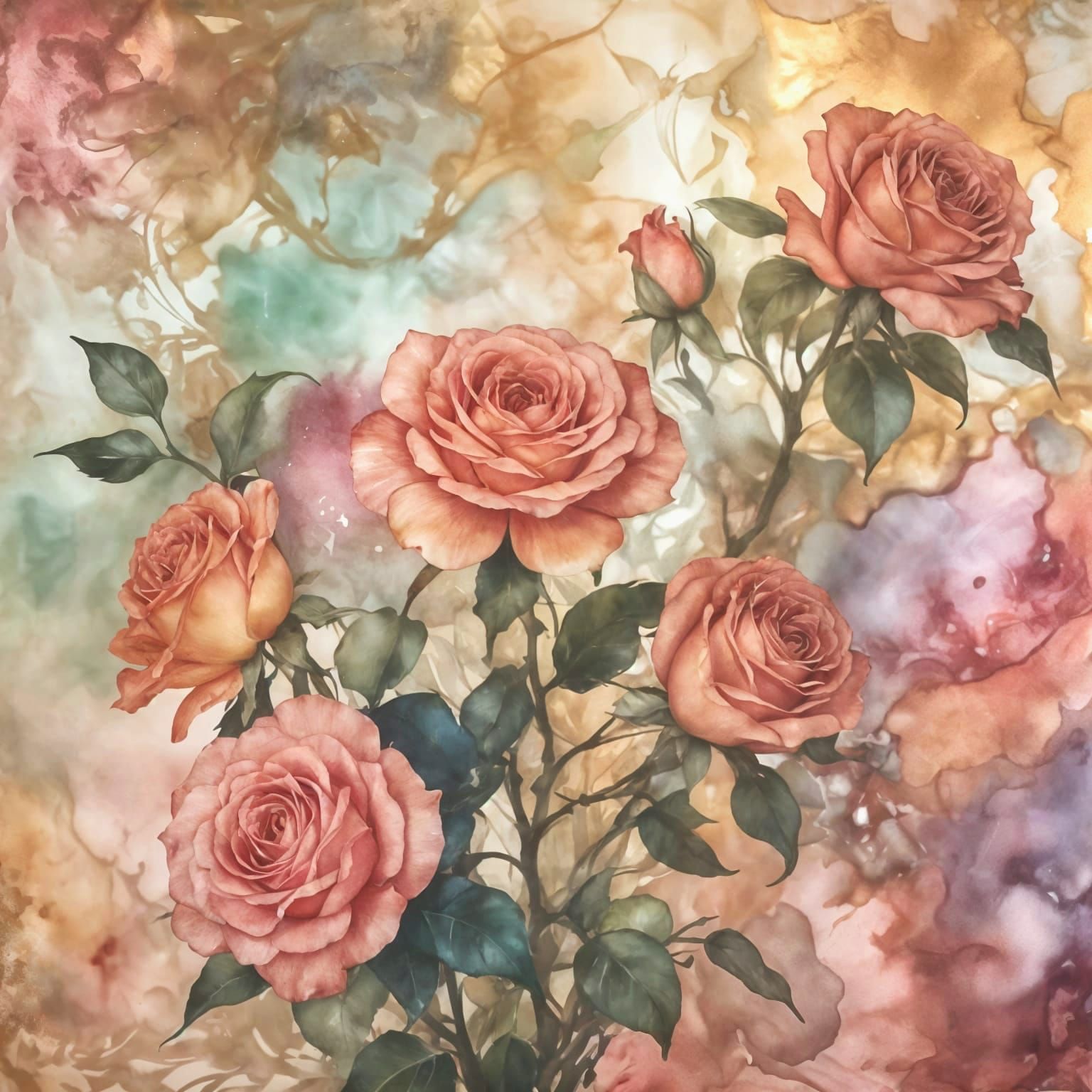 Filigree Ornate Roses: Metallic Alcohol Ink Art