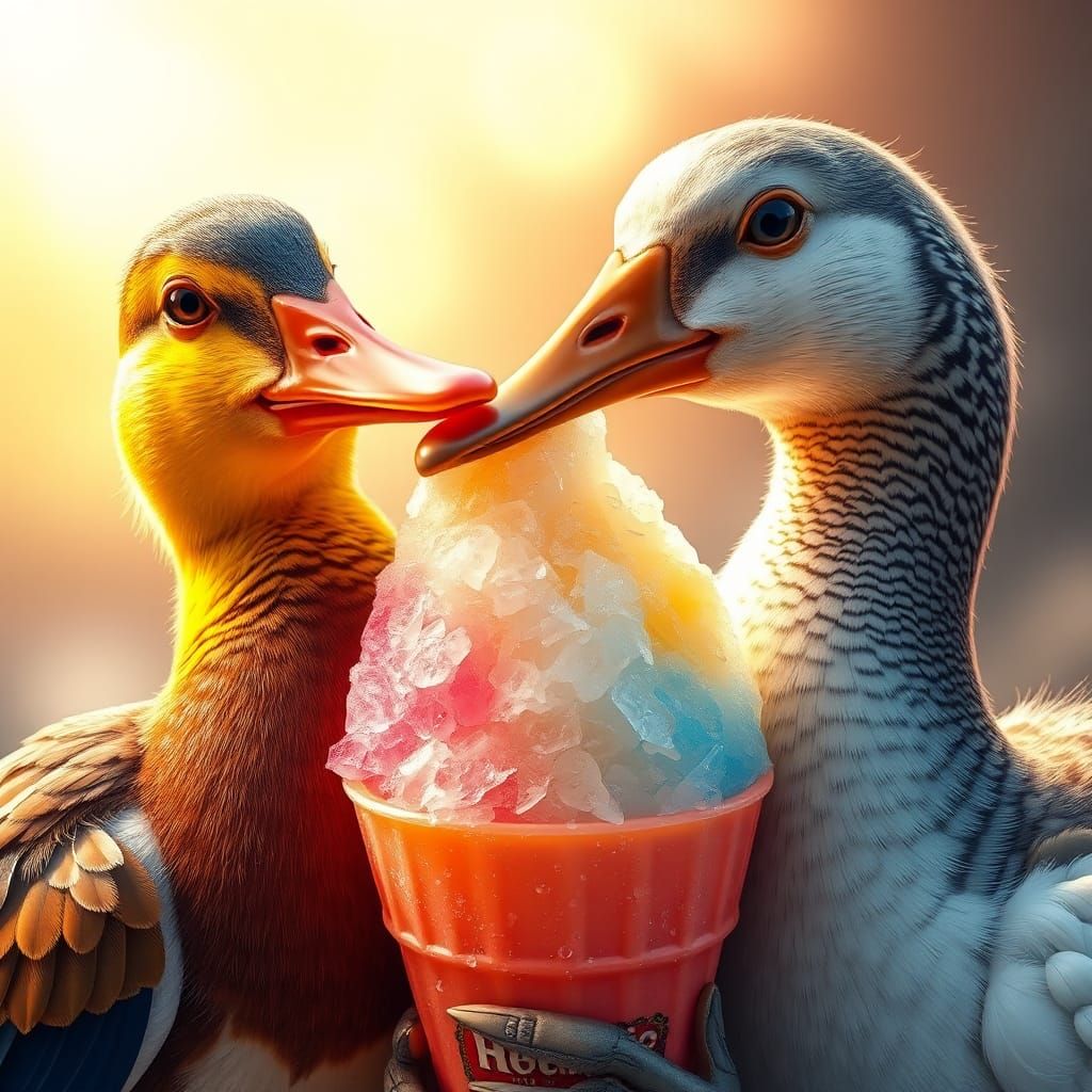 Duck and Goose Share Hawaiian Ice, Detailed Matte Painting