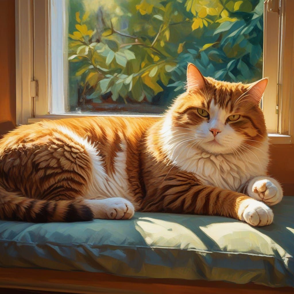 Whimsical Oil Painting of a Fat Cat in Luxurious Comfort
