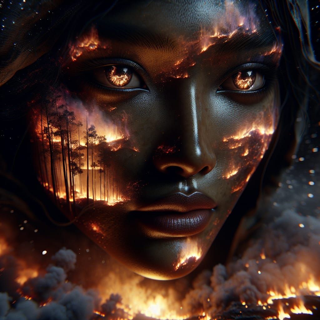 Woman Illuminated by Wildfire in Cosmic Setting