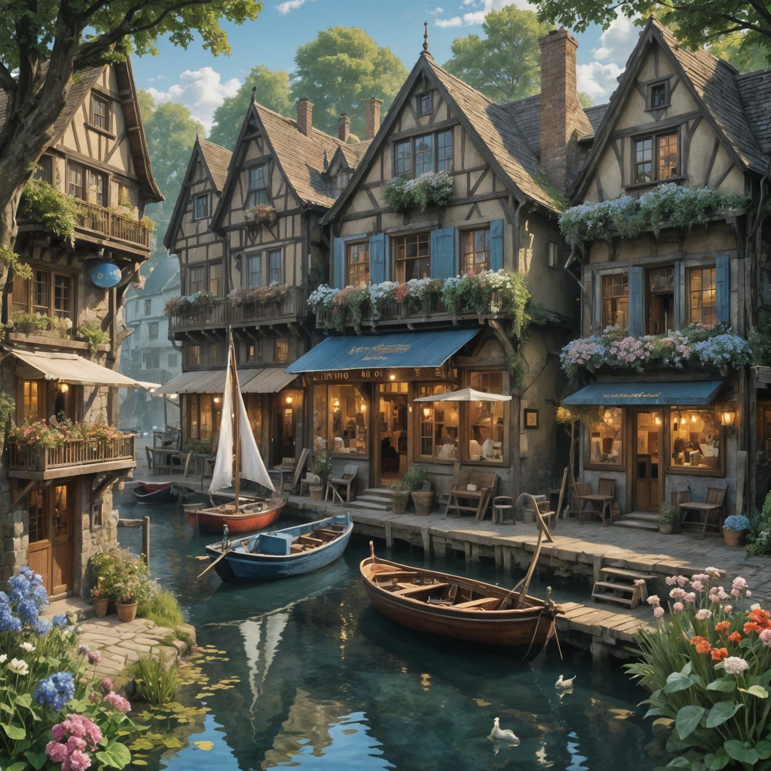 Enchanted Riverside Village Boat Shop with Flowers and Ducks