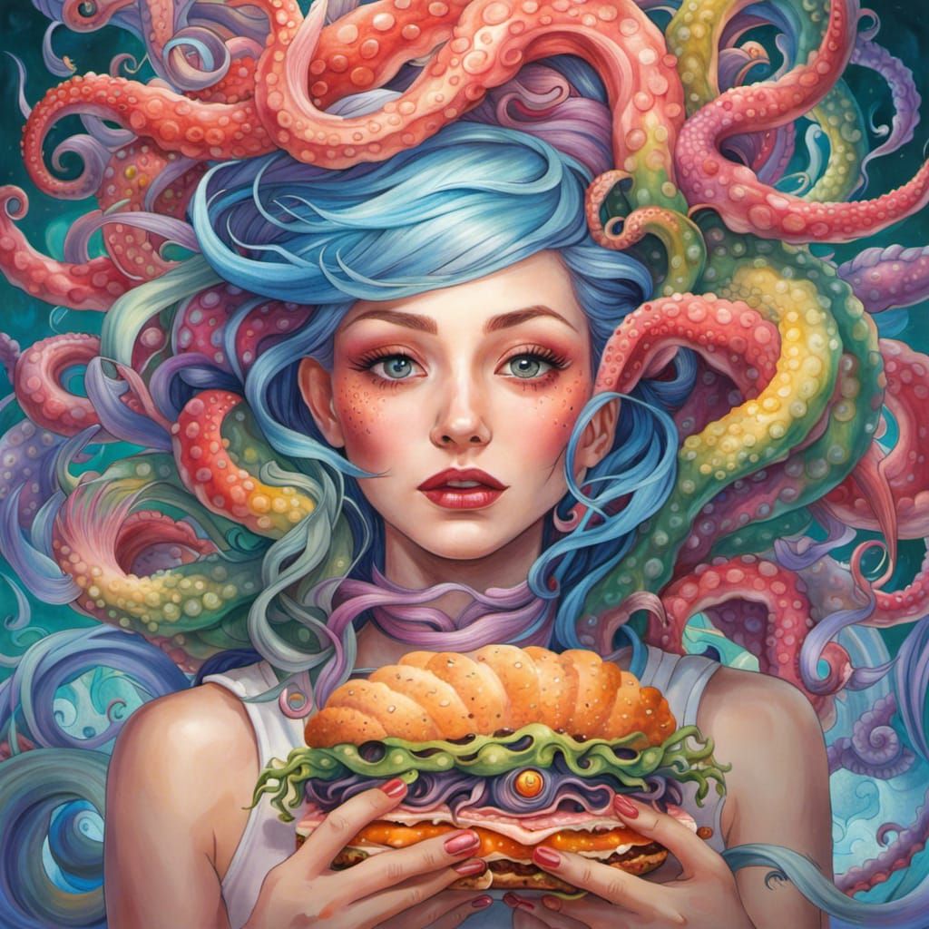 Strange Sandwich Held by Rainbow Haired Woman