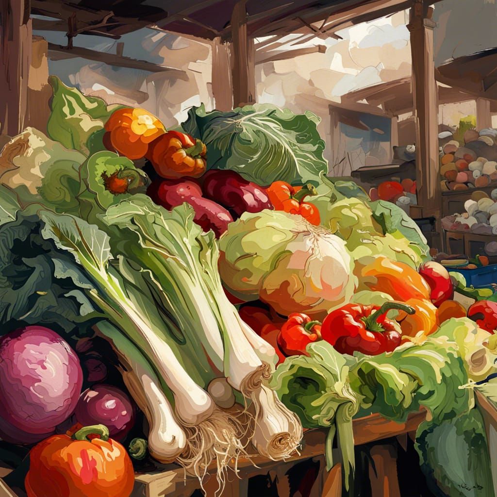 Vibrant Vegetables on Market Stall, Expressionist Impasto