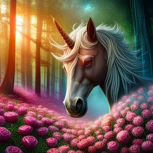 Detailed Black Unicorn Head with Rosebuds