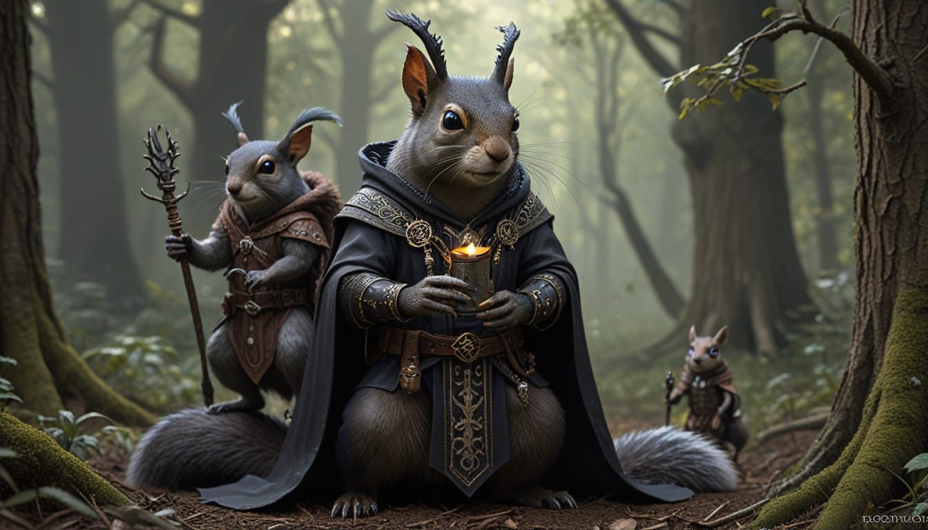 Dark squirrel lord wizardry with dark fey critter minions