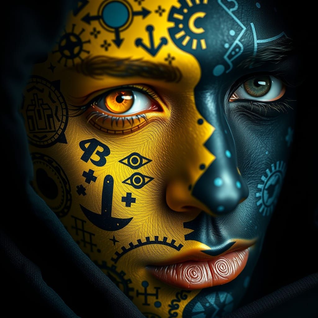 Face with Tribal Patterns and Mechanical Elements in Cinemat...