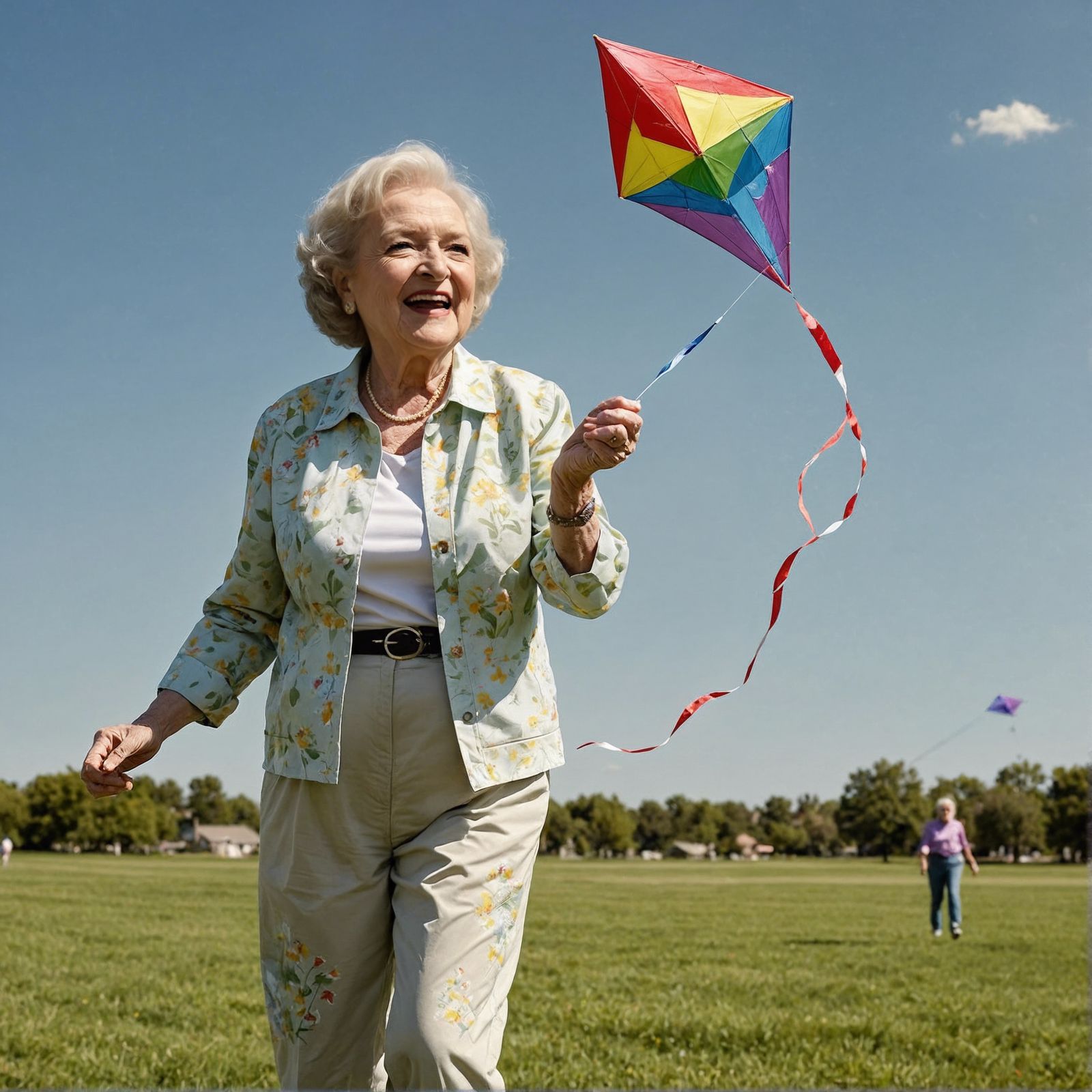 Happy Betty White Flying Kite on Sunny Day