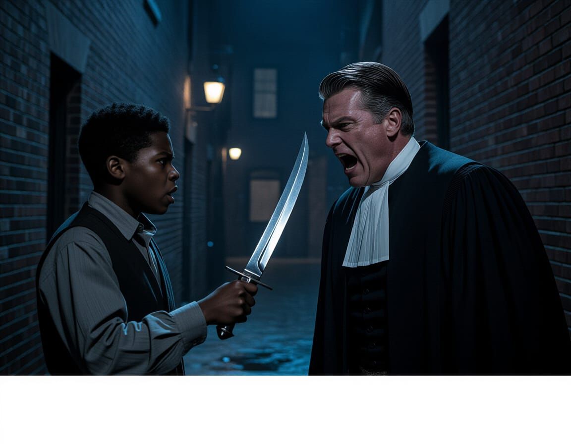 Confrontation in 1900s Alley: Blade Over Furious Man