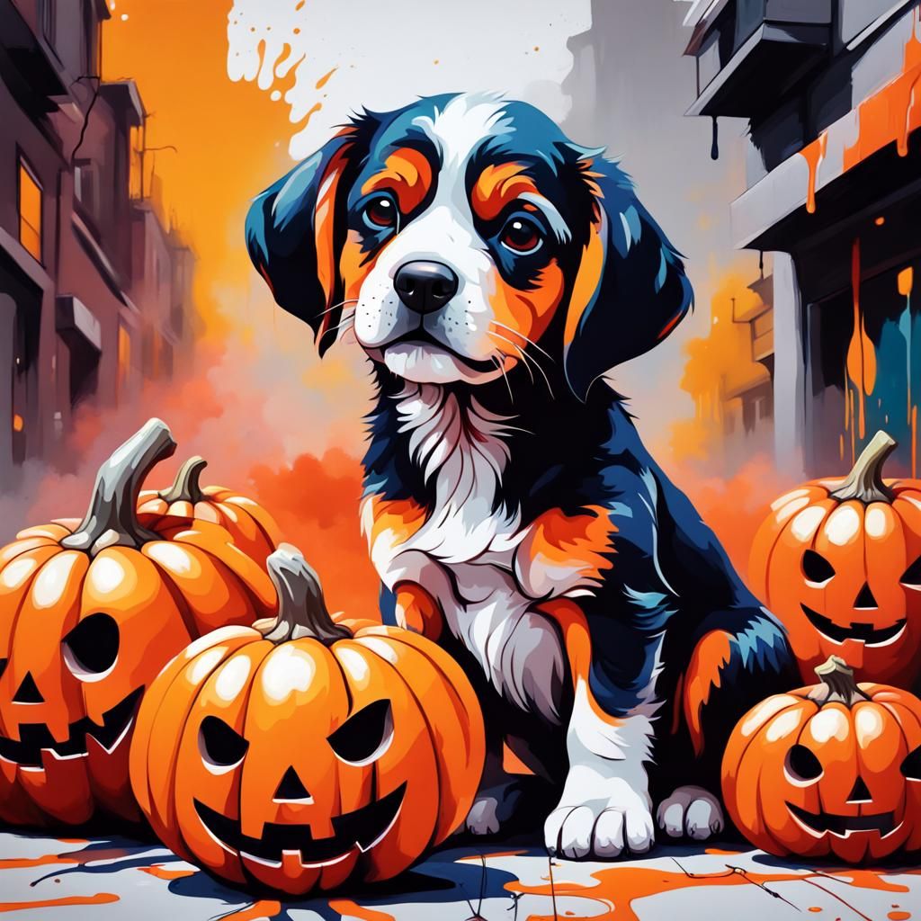 Puppy Painting Pumpkins in Graffiti Street Art Style