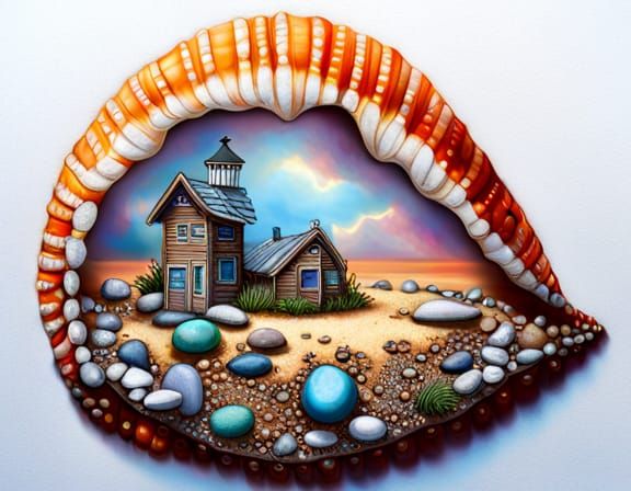 Detailed Shell Encrusted with Fairy Homes as Digital Art